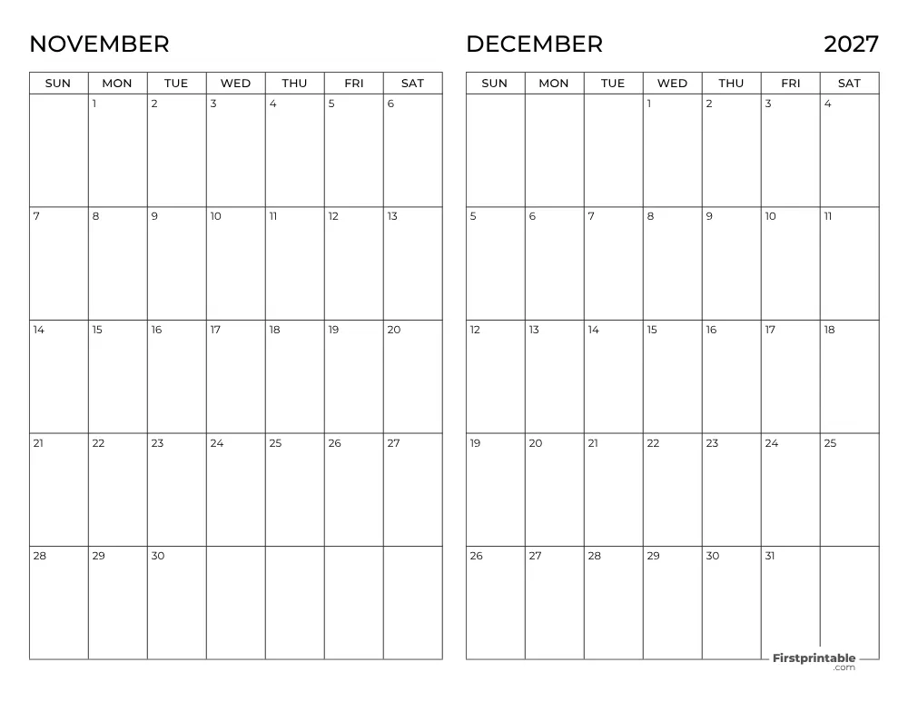 Two Month November December 2027 Calendar Template 03