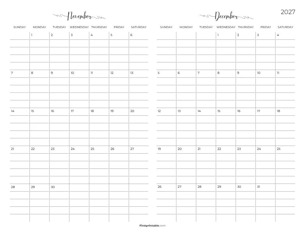 Two Month November December 2027 Calendar Template 05