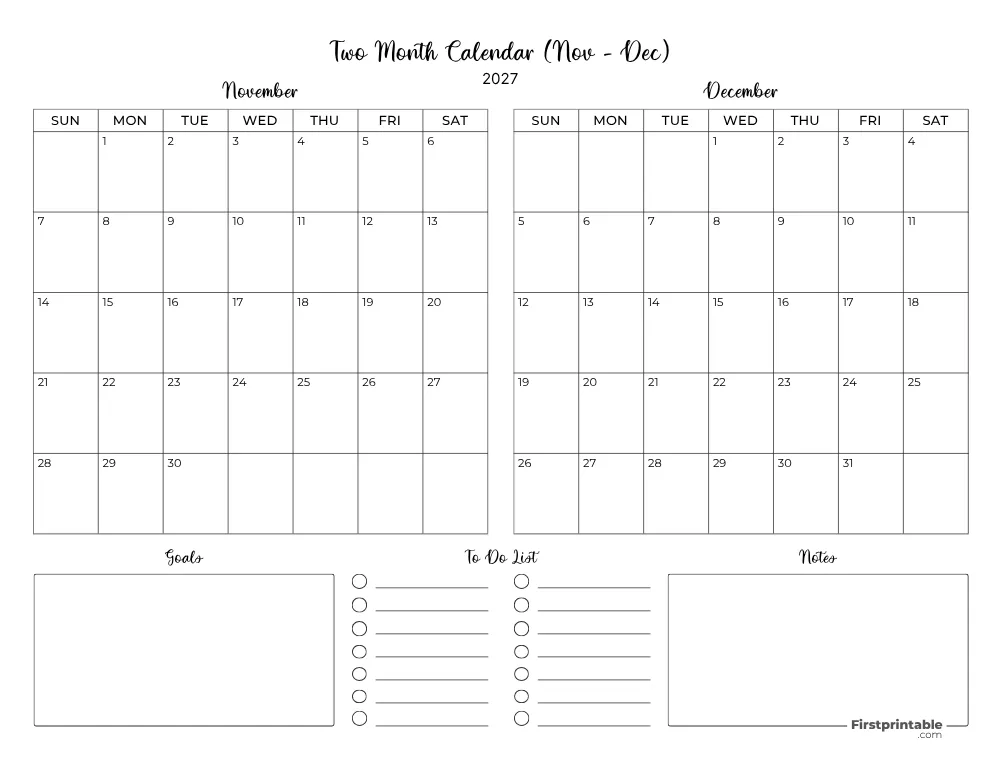Two Month November December 2027 Calendar Template 06