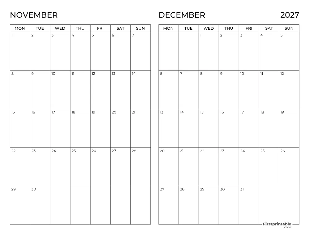 Two Month November December 2027 Calendar Template 10