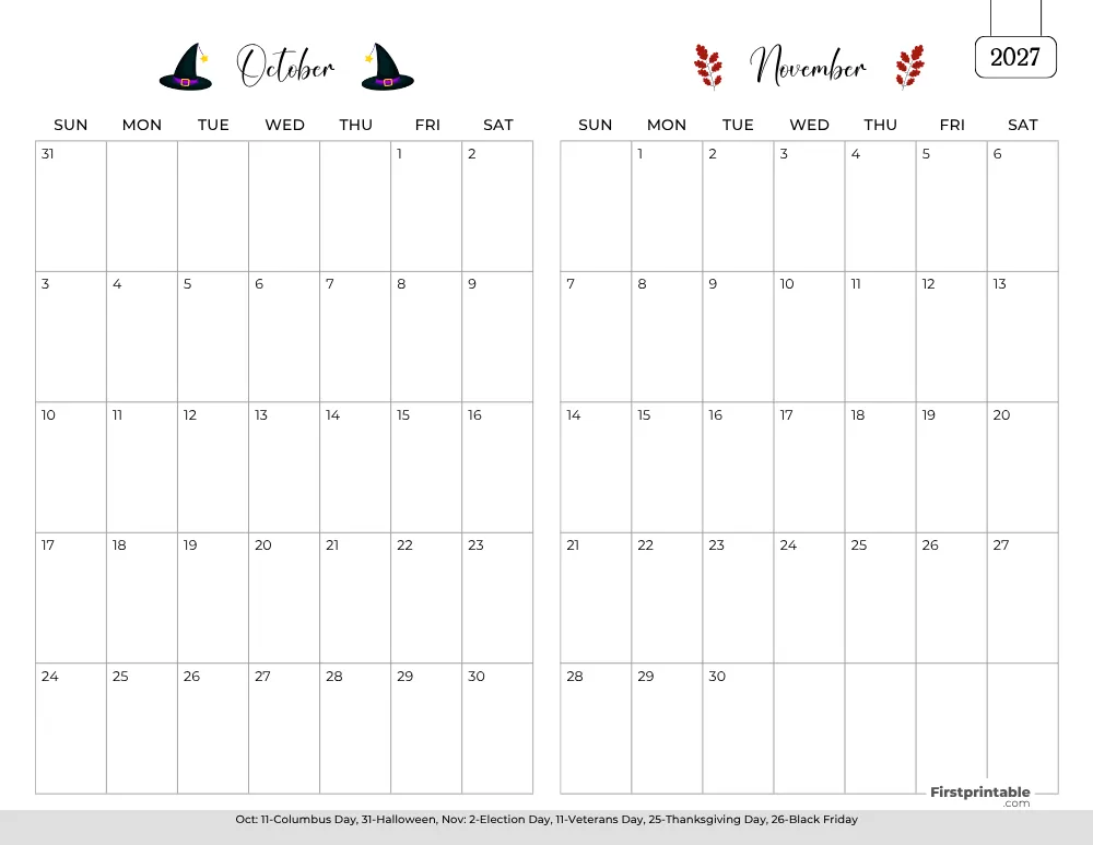 Two Month October November 2027 Calendar Template 01