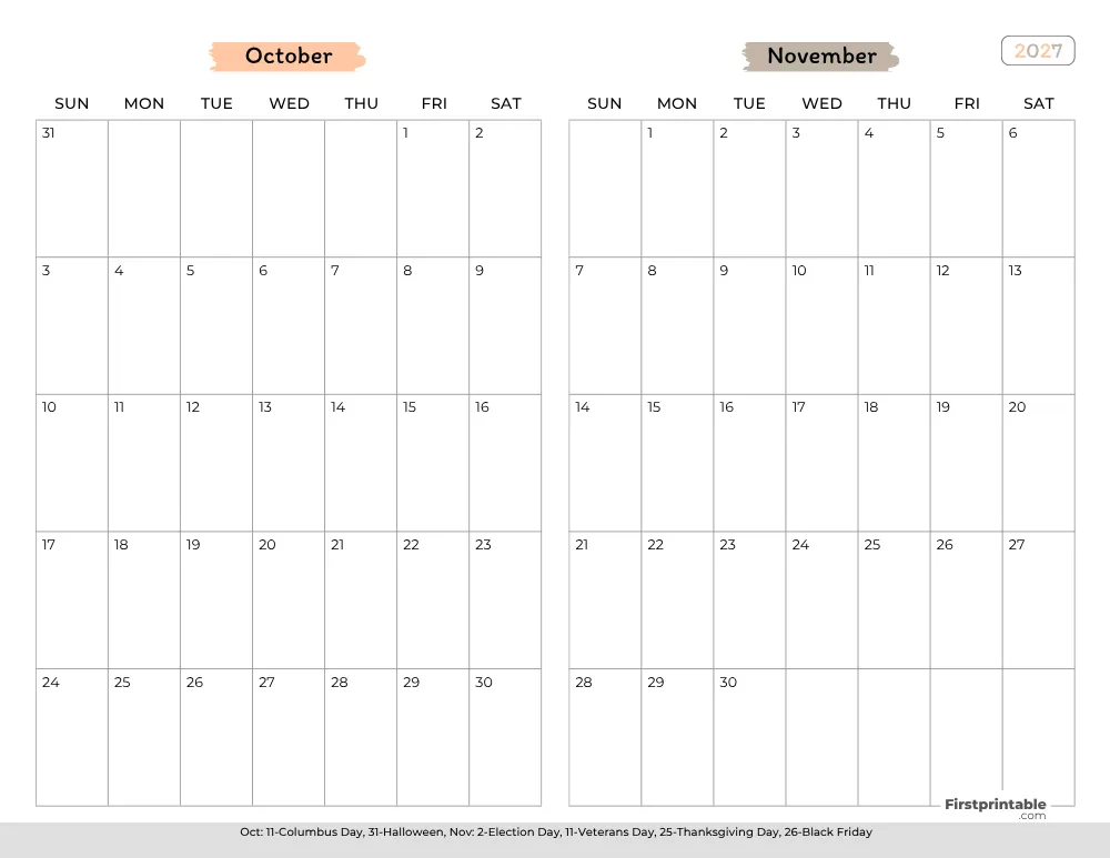 Two Month October November 2027 Calendar Template 02