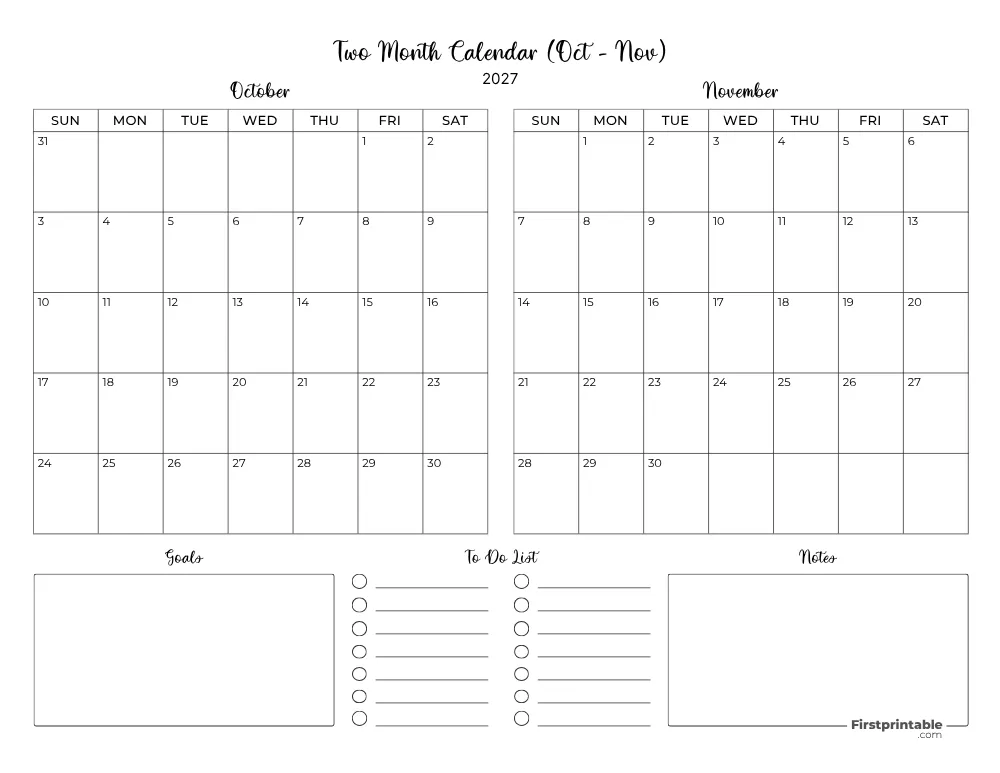 Two Month October November 2027 Calendar Template 06