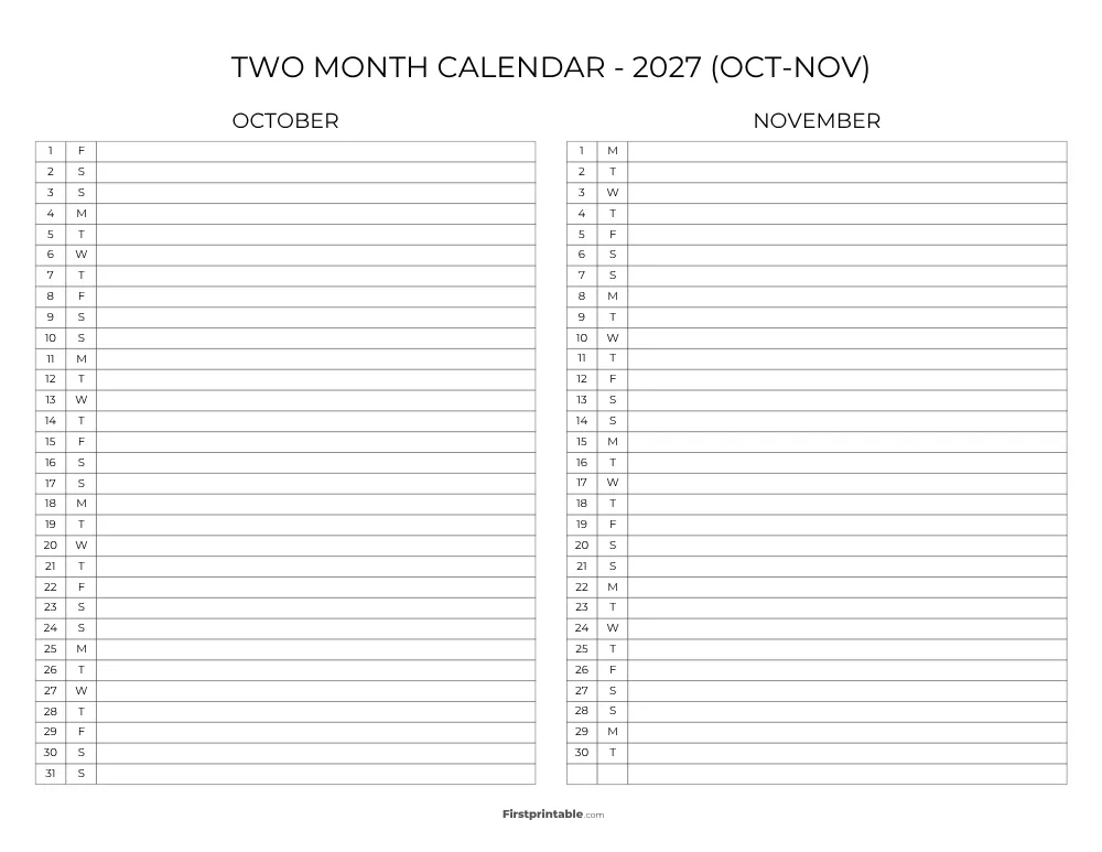 Two Month October November 2027 Calendar Template 09