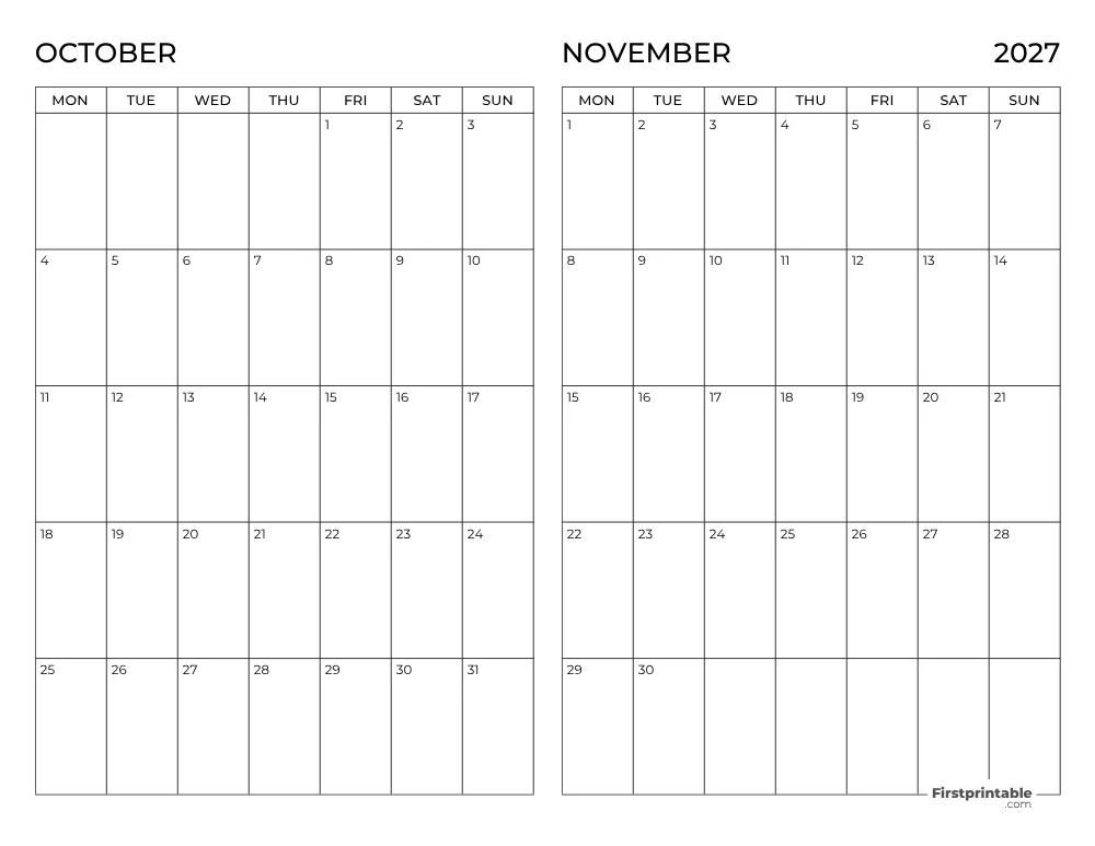 Two Month October November 2027 Calendar Template 10