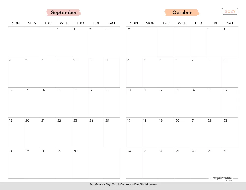 Two Month September October 2027 Calendar Template 02