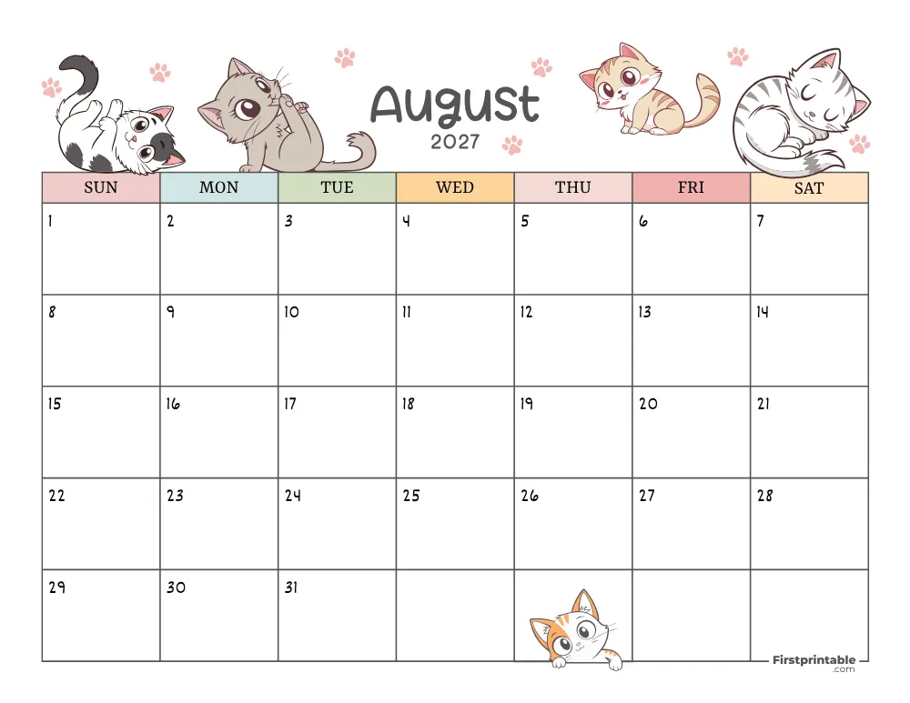 August 2027 Calendar Cat Themed 01