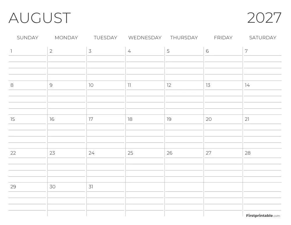 August 2027 Calendar with lines