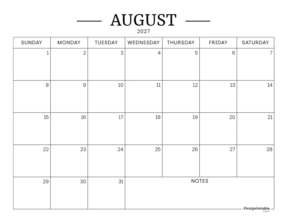 August Calendar 2027 Printable