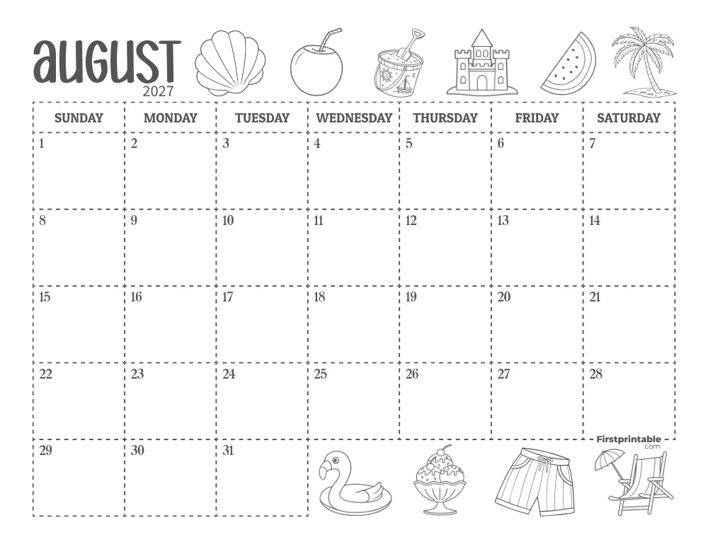 August Calendar 2027 Summer Themed 01