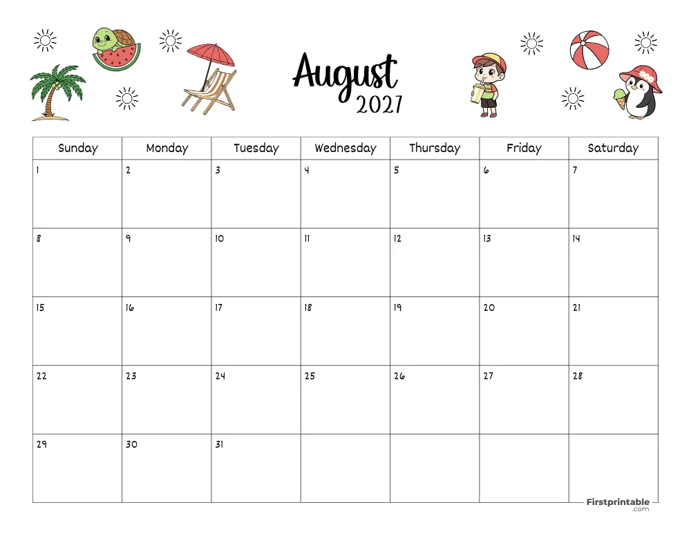 August Calendar 2027 Summer Themed 02