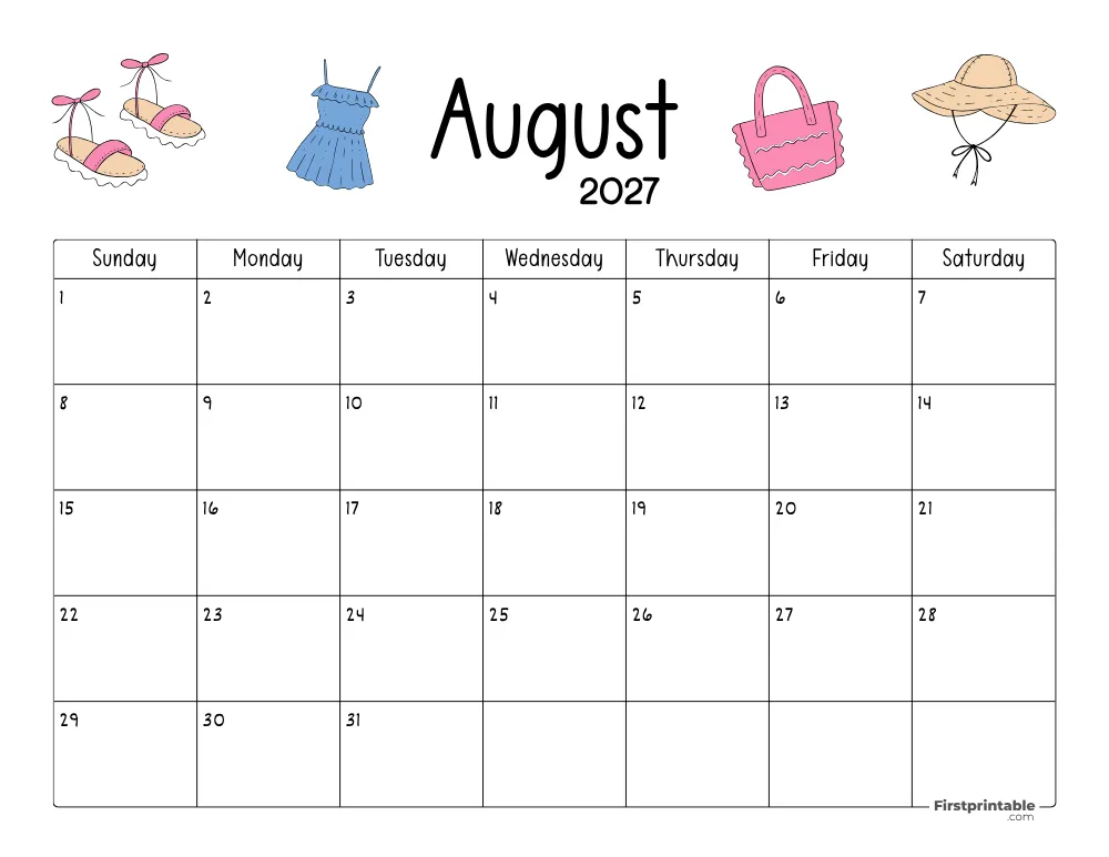 August Calendar 2027 Summer Themed 05