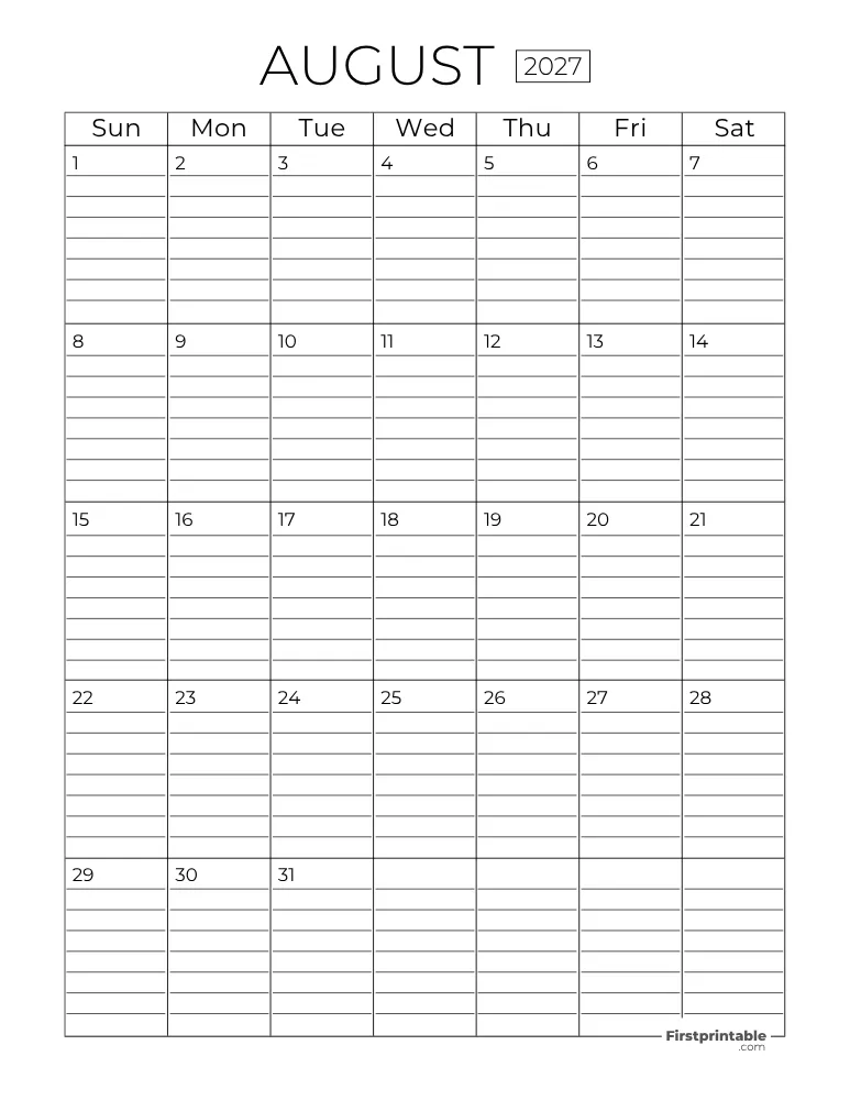 August Calendar 2027 with Lines