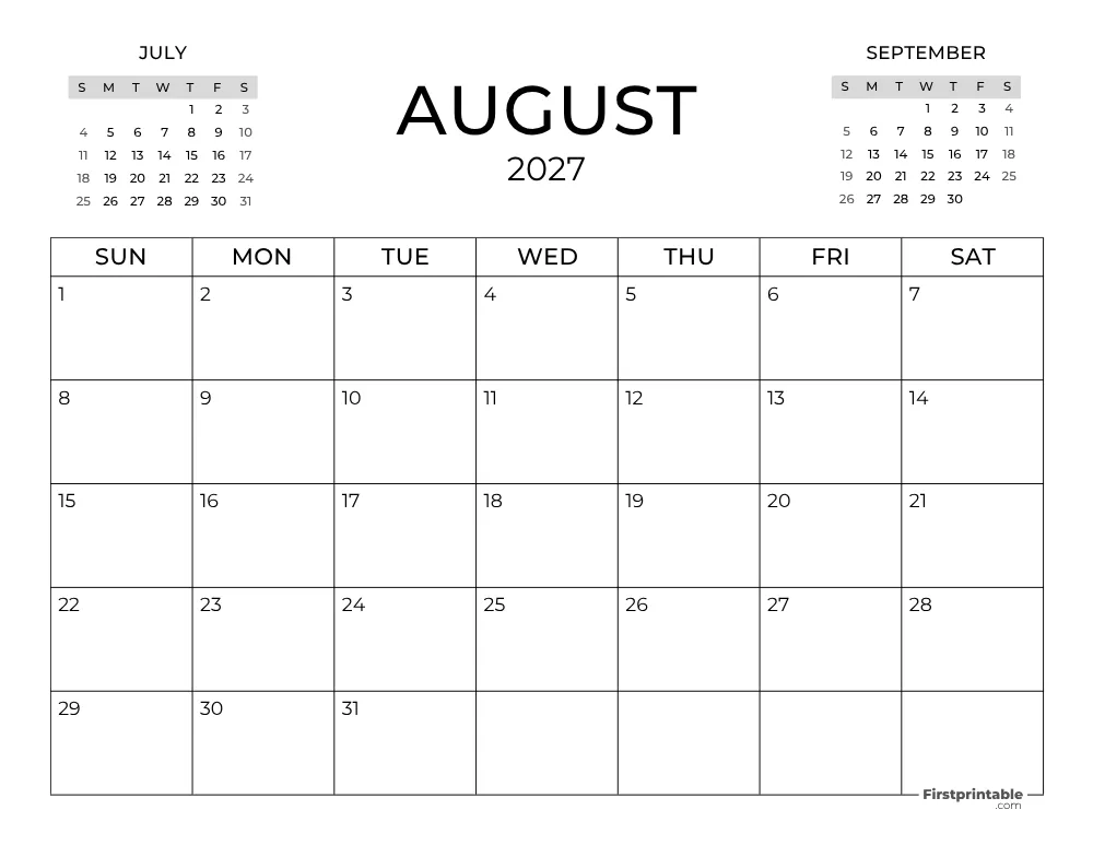 August Calendar 2027