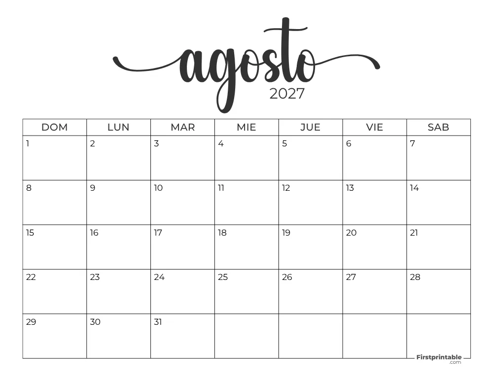 Calendario 2027 agosto