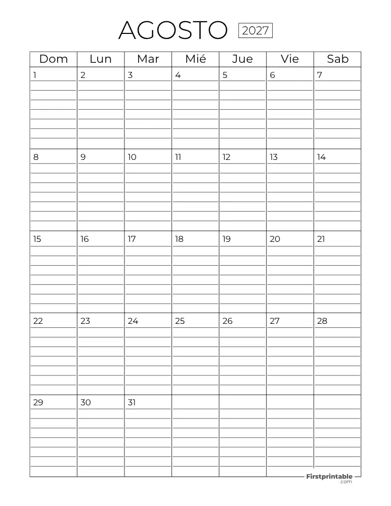 Calendario agosto 2027 con líneas