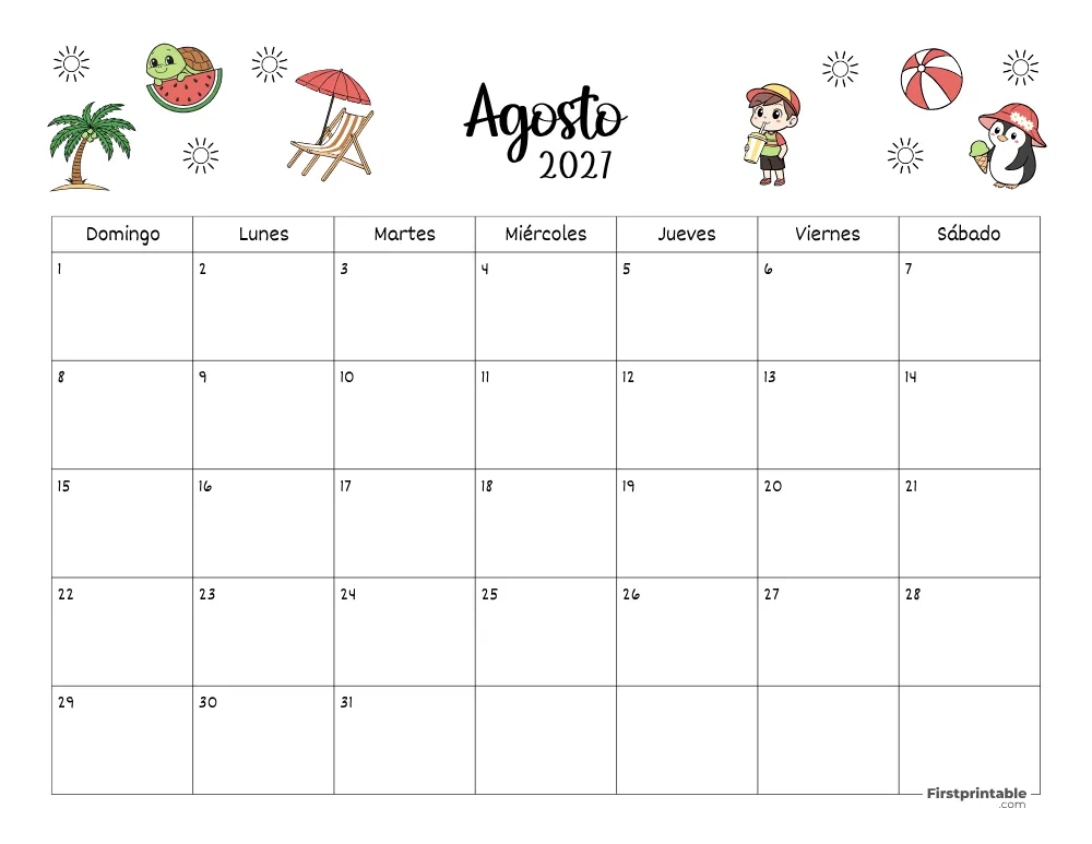 Calendario de agosto 2027 con temática de Verano 02
