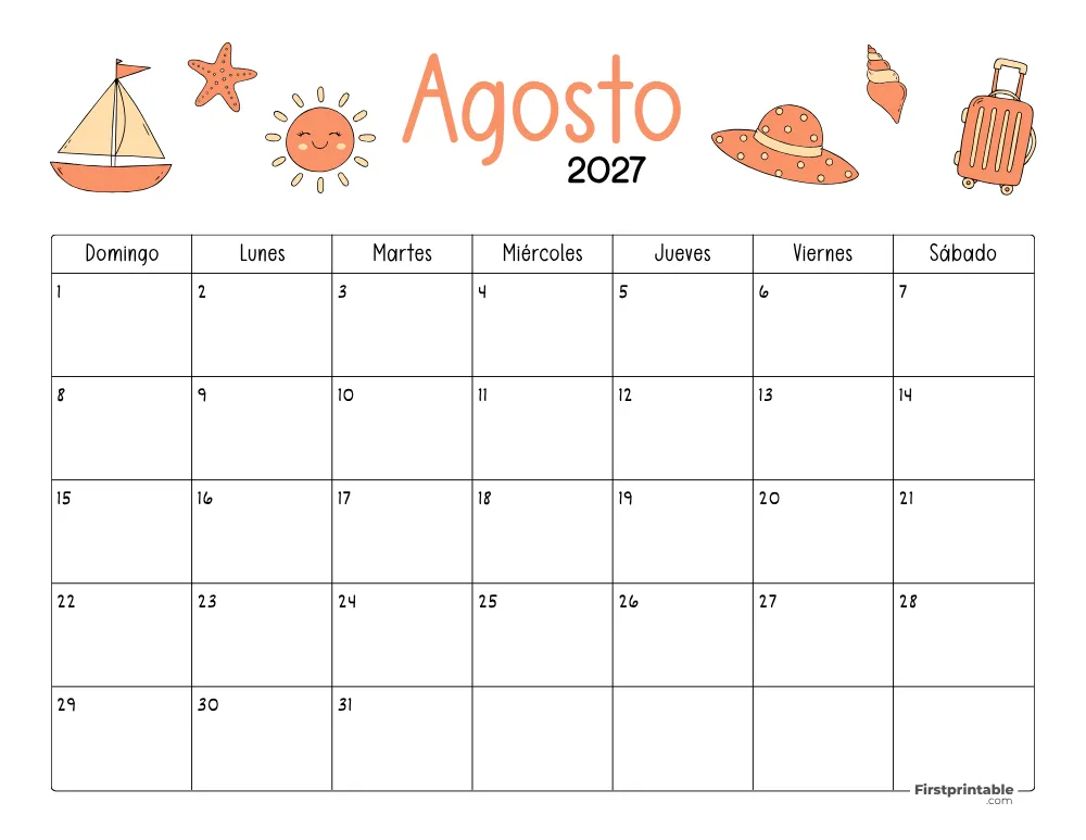 Calendario de agosto 2027 con temática de Verano 04