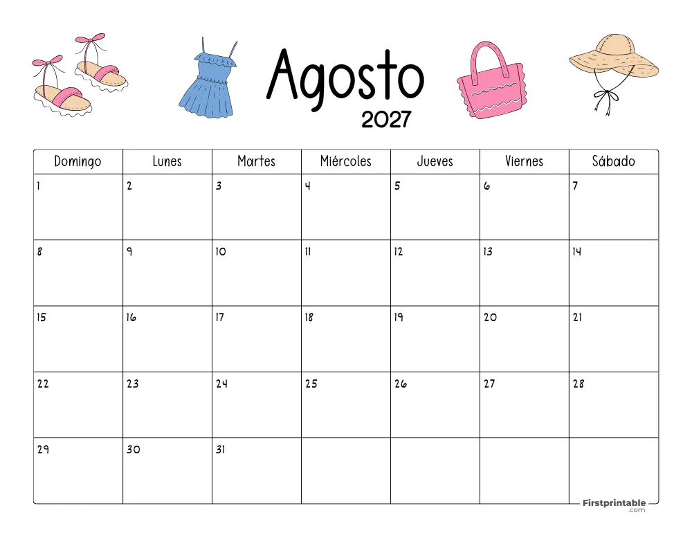 Calendario de agosto 2027 con temática de Verano 05