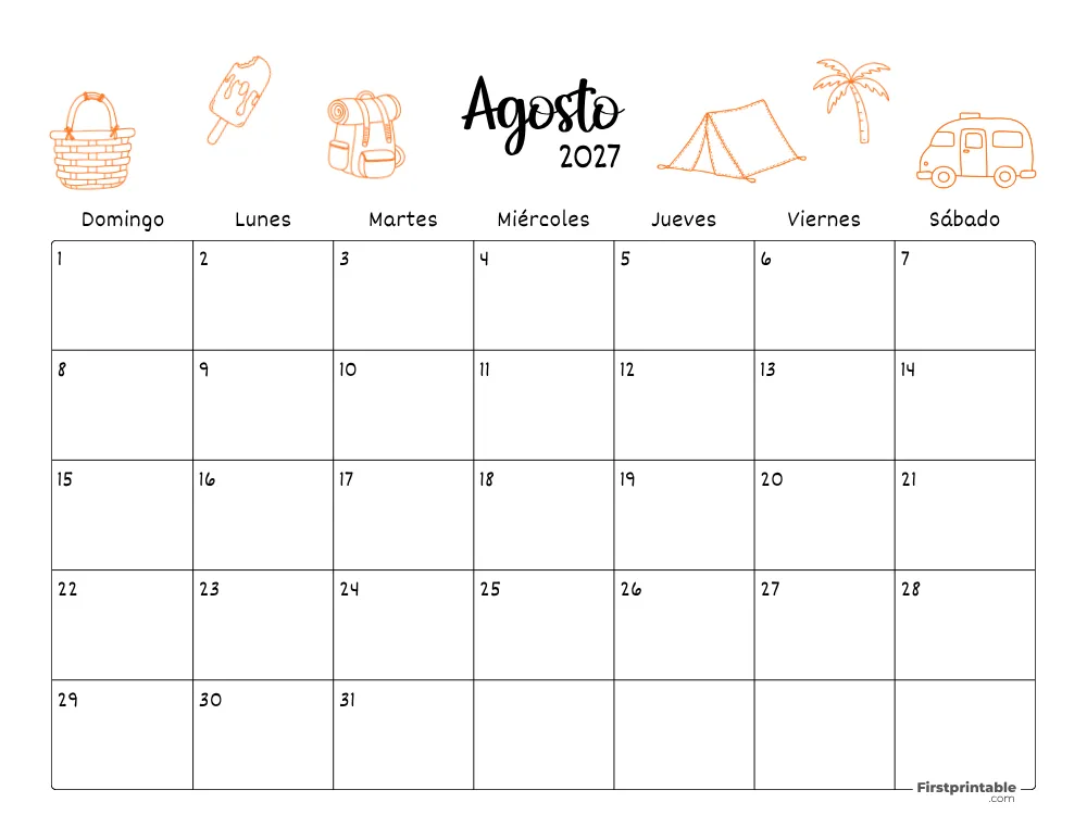 Calendario de agosto 2027 con temática de Verano 06