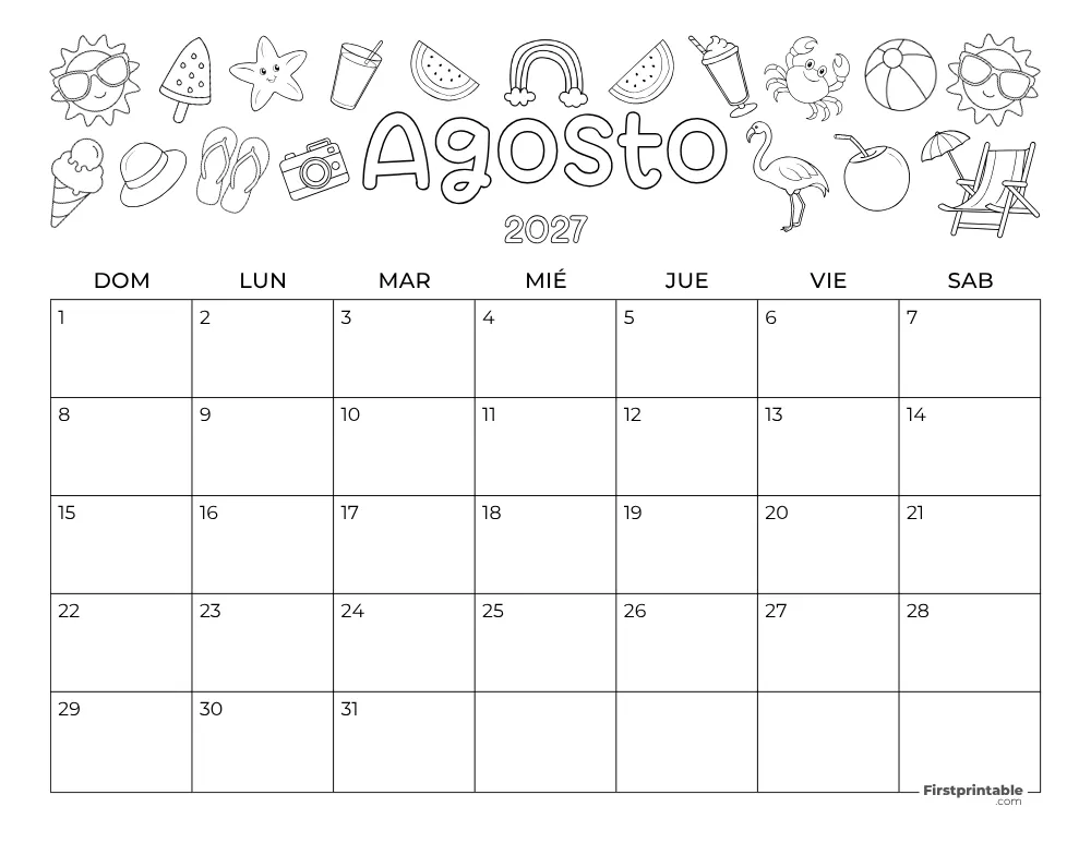 Calendario de agosto de 2027 - Temática de Verano