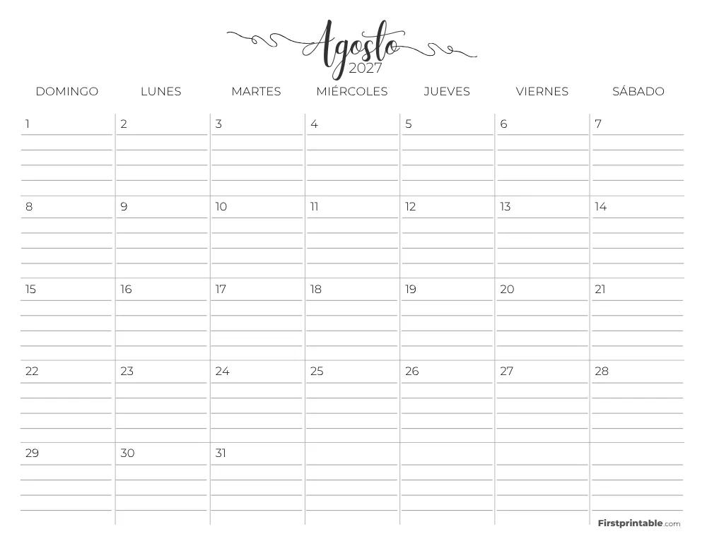 Calendario de agosto de 2027 con líneas 02