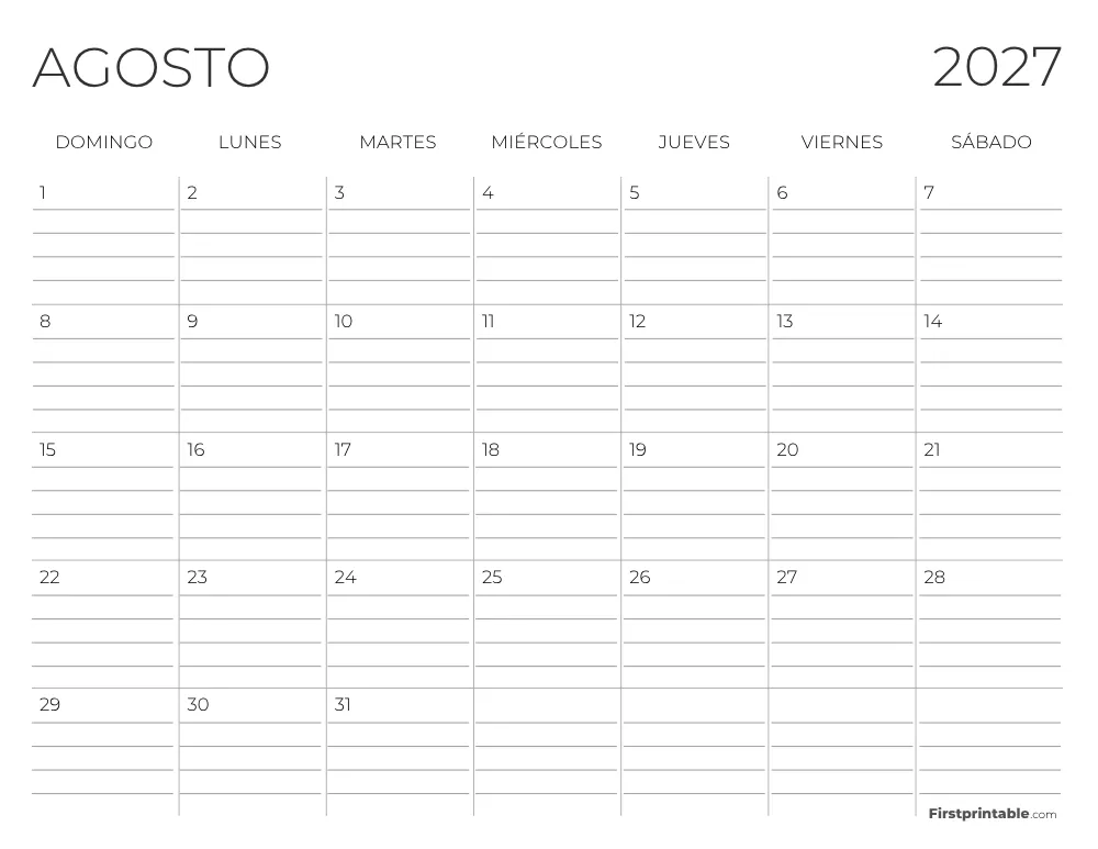 Calendario de agosto de 2027 con líneas