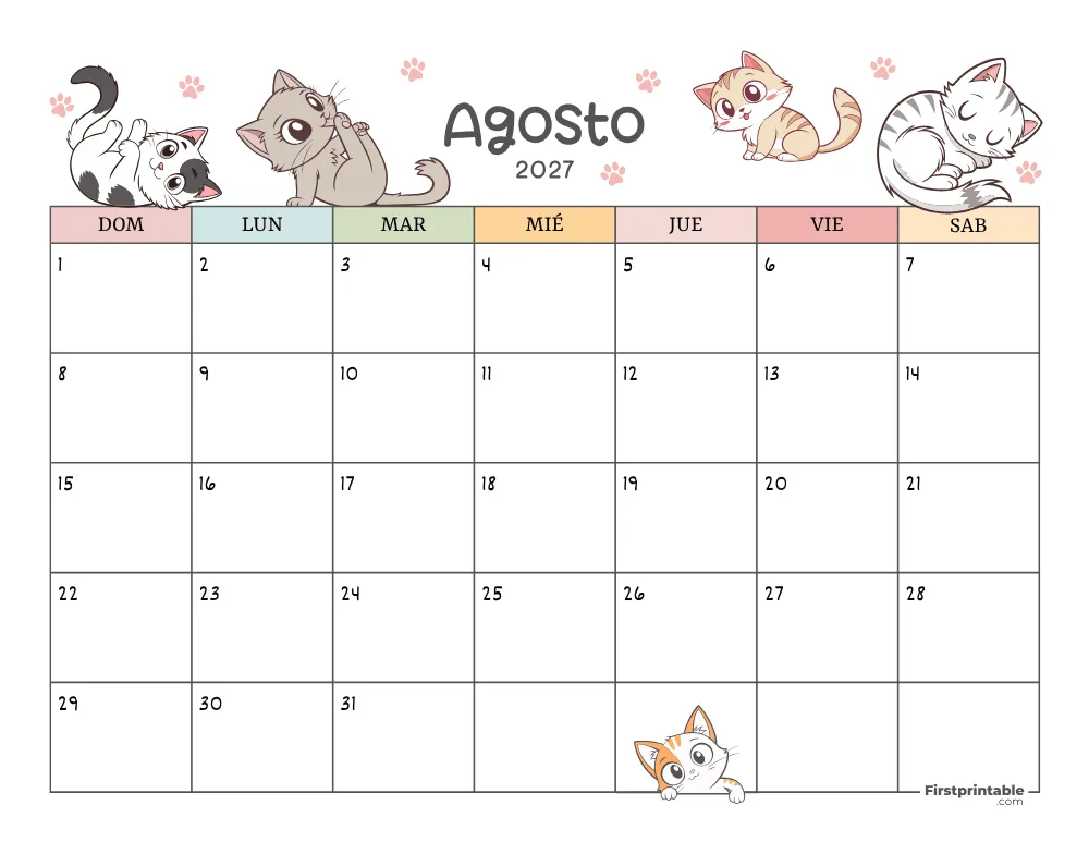 Calendario de agosto de 2027 con temática de gatos 01