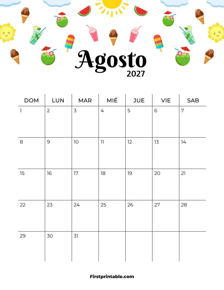 Calendario de agosto de 2027 con temática de verano