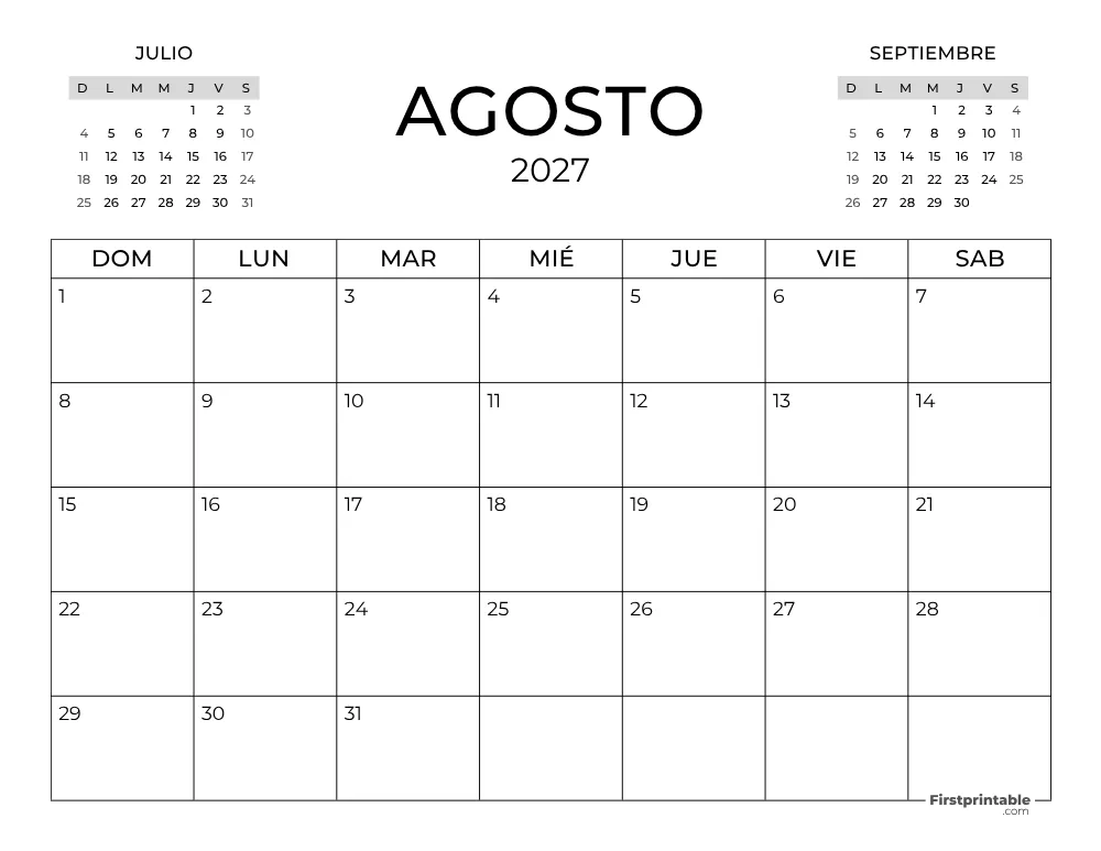 Calendario de agosto de 2027