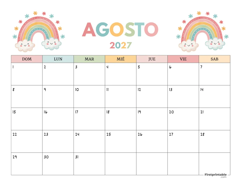 Calendario gratuito de agosto de 2027