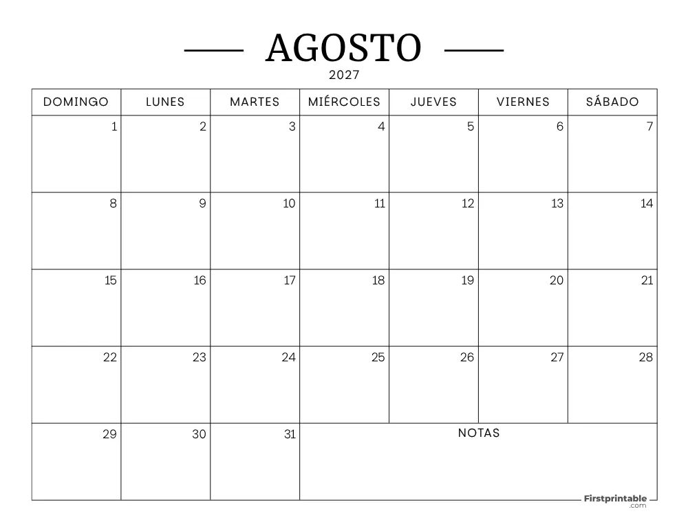 Calendario imprimible de agosto de 2027