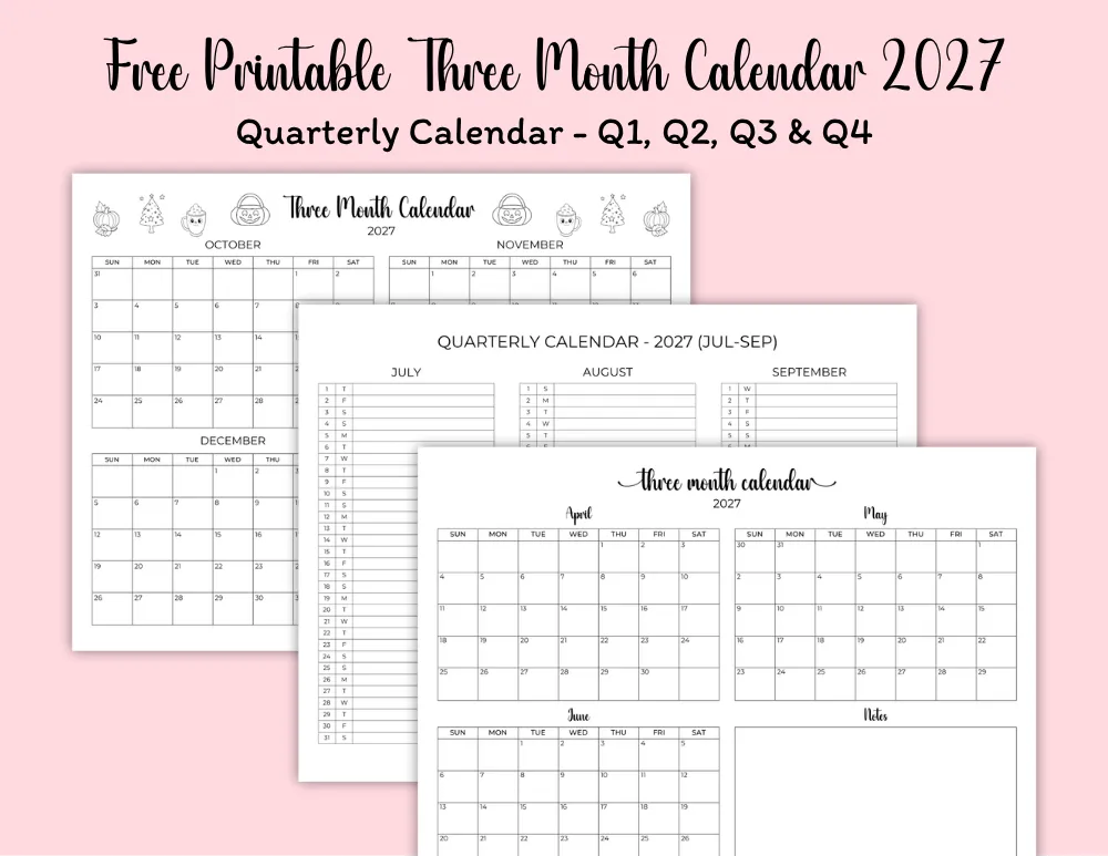 Free Printable Three Month Calendar 2027 Free Printable Three Month Calendar 2027