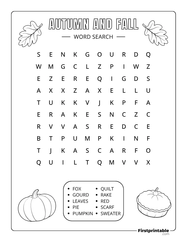 Printable Autumn and Fall Word Search Easy Puzzle 03