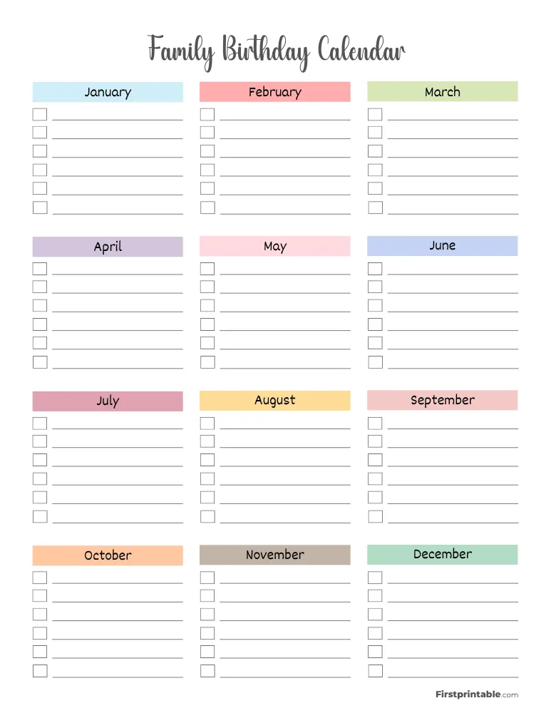 Printable Family Birthday Calendar