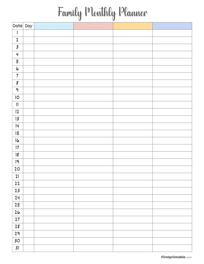 Printable Family Monthly Planner Template 01