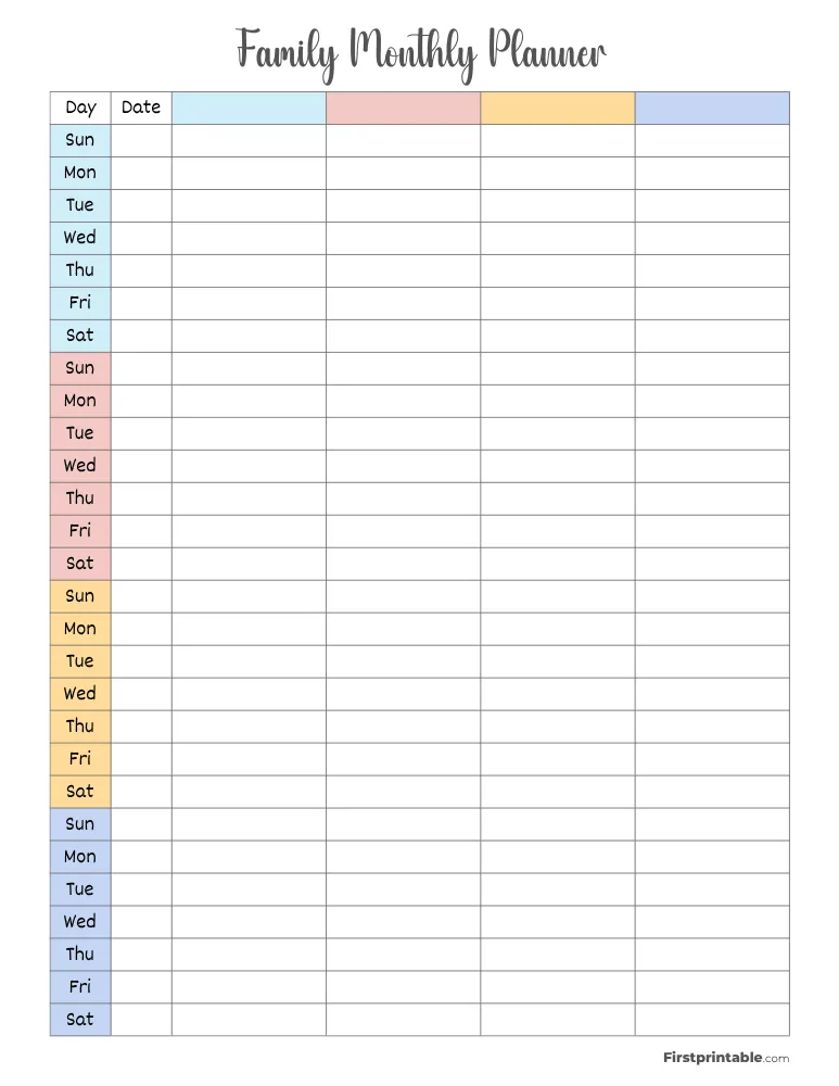 Printable Family Monthly Planner Template 02