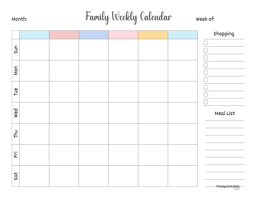 Printable Family Weekly Calendar Template 09