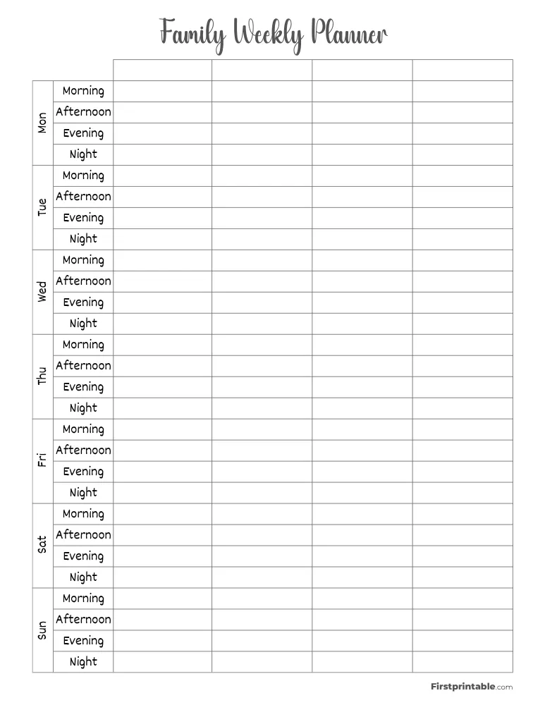 Printable Family Weekly Calendar Template 10