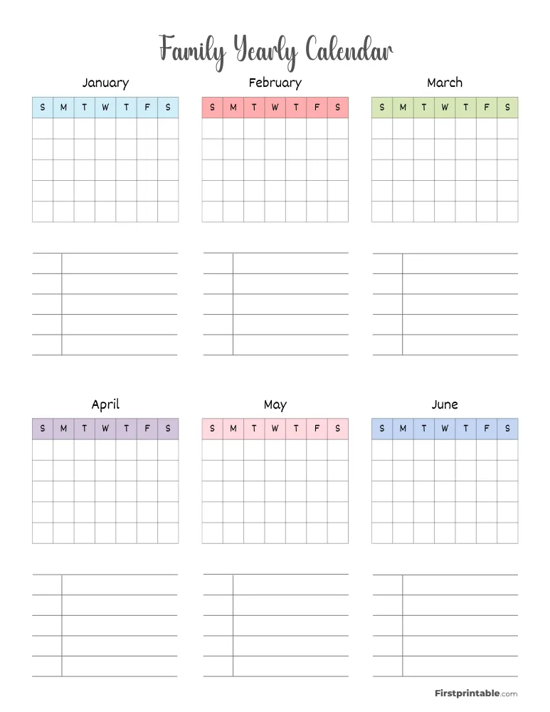 Printable Family Yearly Calendar Template 02 Page 1 of 2