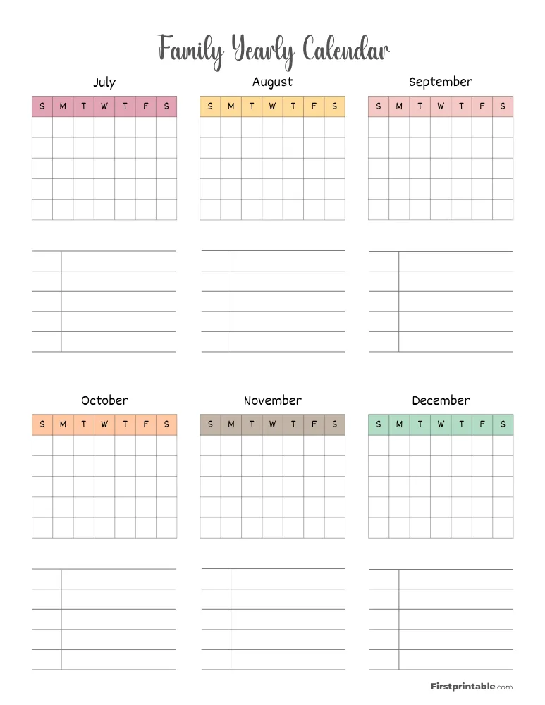 Printable Family Yearly Calendar Template 02 Page 2 of 2