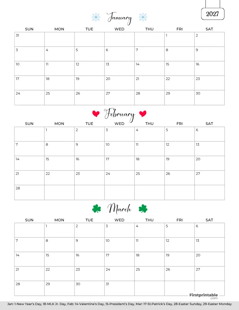 Printable Quarterly Calendar 2027 Q1 Template 01