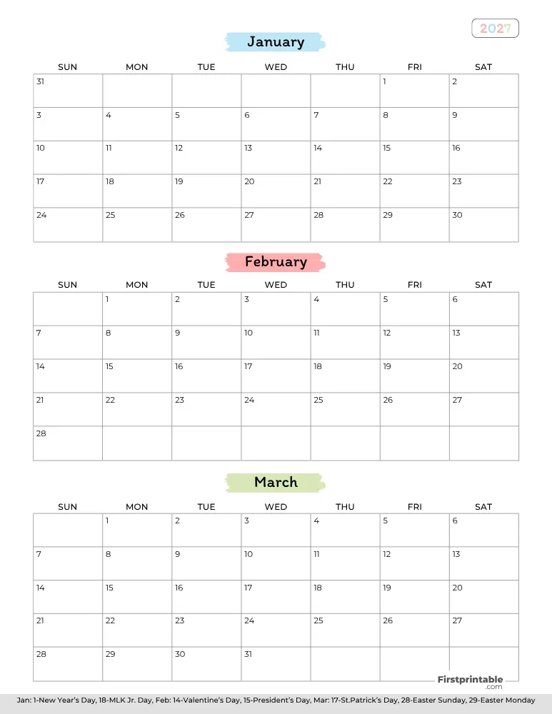 Printable Quarterly Calendar 2027 Q1 Template 02