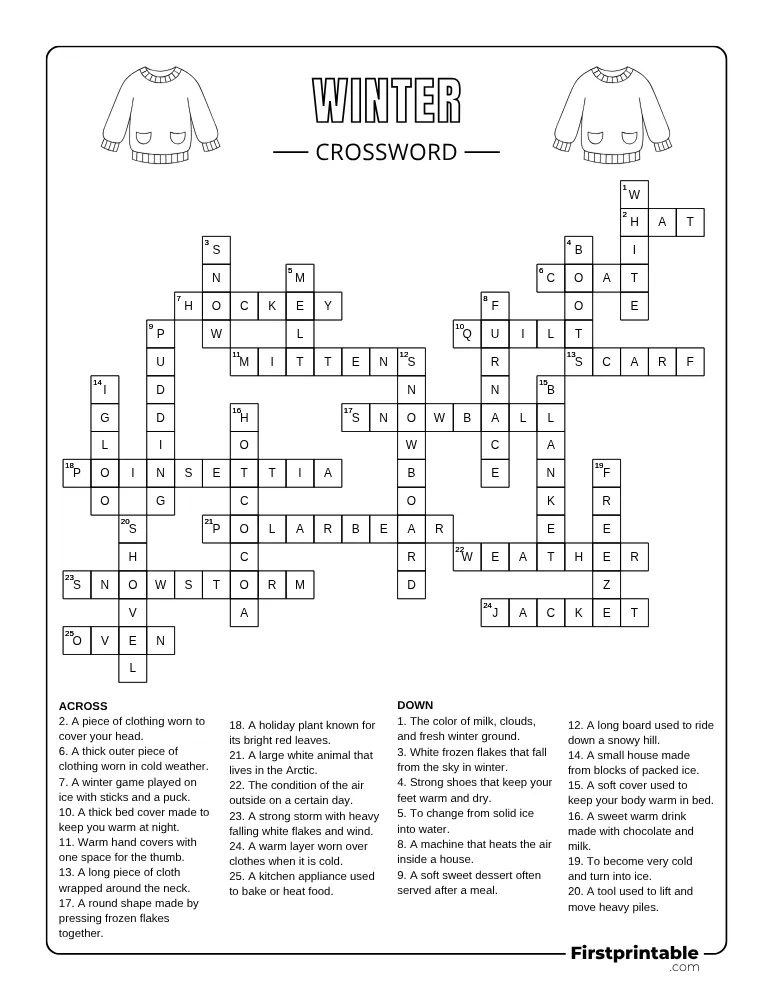 Printable Winter Crossword Hard 01 Answer Key