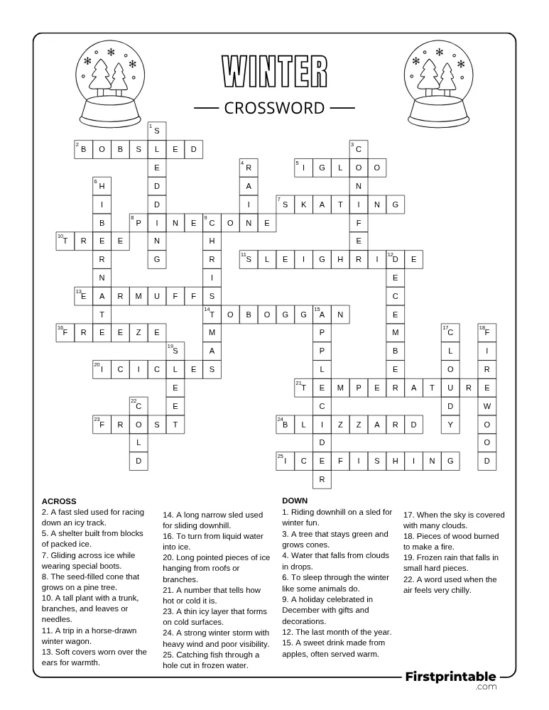 Printable Winter Crossword Hard 02 Answer Key