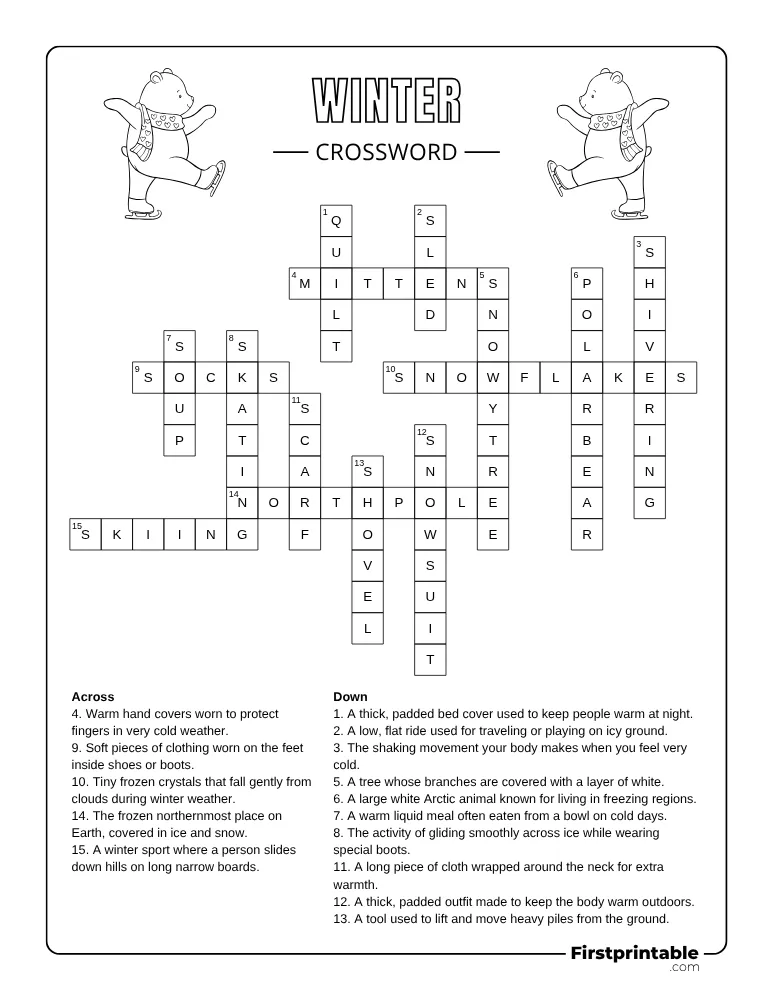 Printable Winter Crossword Medium 01 Answer Key