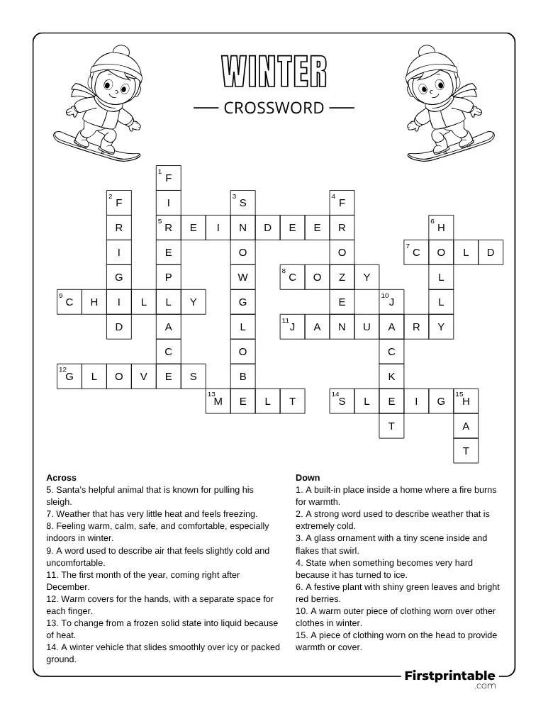 Printable Winter Crossword Medium 02 Answer Key